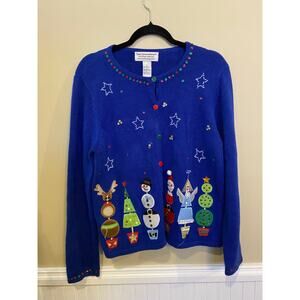 Womens XL Tiara International Cotton Beaded Christmas Cardigan Blue colorful